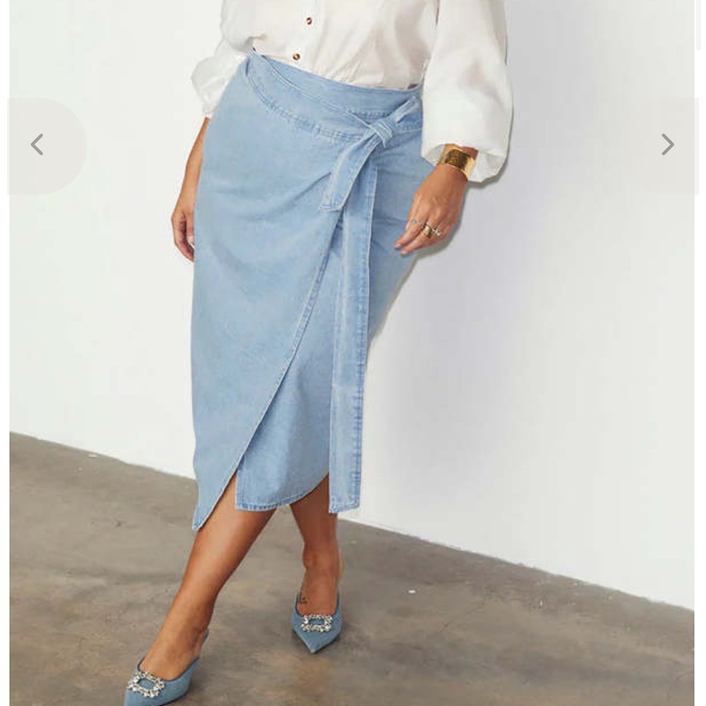 Never Fully Dressed Light Blue Denim Wrap Midi Skirt